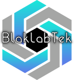 Hexagonal logo with interlocking blue and gray shapes and the word BlaklabTek in modern white font across the center